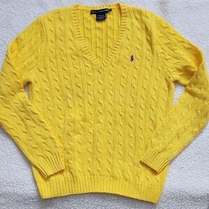 Polo Ralph Lauren Yellow Cable Knit V-Neck Sweater XL Pony Logo Preppy Old Money